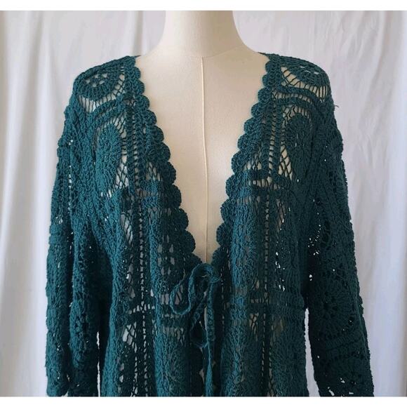 Anthropologie Modena 100 Cotton Emerald Green Crochet Cardigan Sweater One Size - Picture 2 of 6